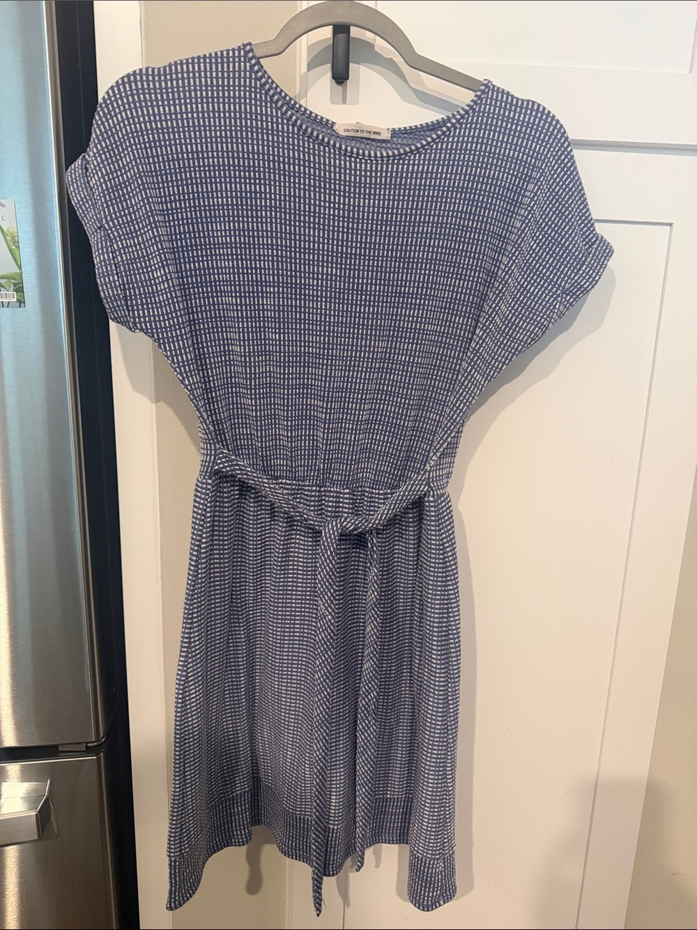 Caution To The Wind Navy Micro-Check Waist-Tie Dress